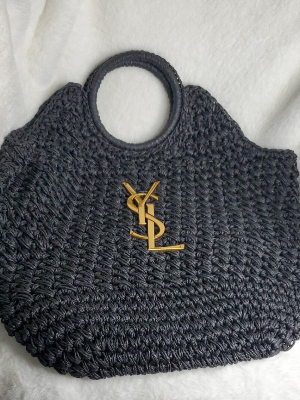Ysl Fahion Bag * Black Woven Round-Handle Tote with Gold YSL Logo💗
